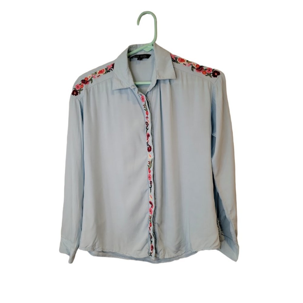 Andre Badi Size 26 Small Women's Top Blue Floral Embroidered Button Up Blouse